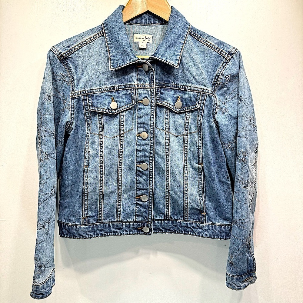 Denim Jean Jacket Embroidered Metallic Stars on Sleeves by Maison Jules Y2K Med